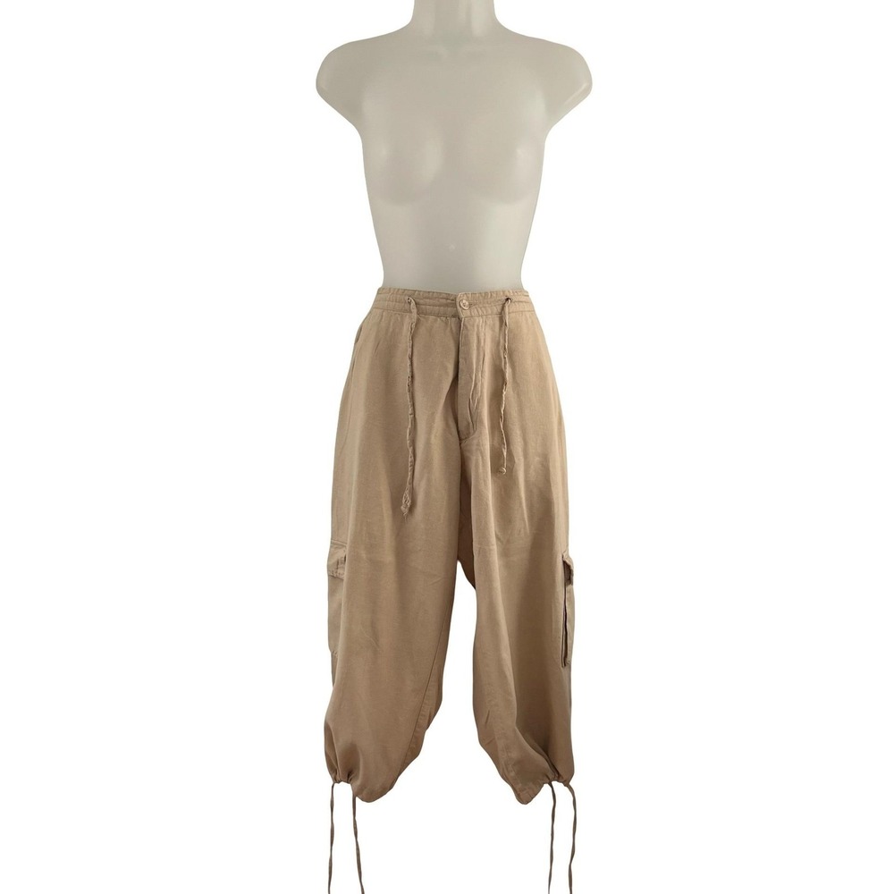 Trust Cargo Pants W32 Beige Linen Rayon Drawstring Waist Utility Y2K Gorp